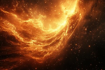 Obraz premium Fiery nebula, golden space dust and stars in dark background. Perfect for science, space, and fantasy themed backgrounds.