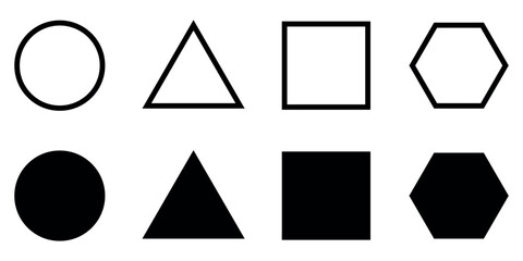 Basic geometric shapes icon set. Circle, triangle, square and hexagon icon set. Vector illustration on transparent background. Educational icon.      