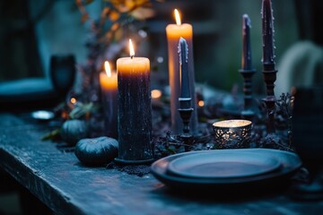 Halloween decoration with candles and candlesticks on wooden table.