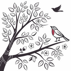 Bird on branch spring tree black and white illustration