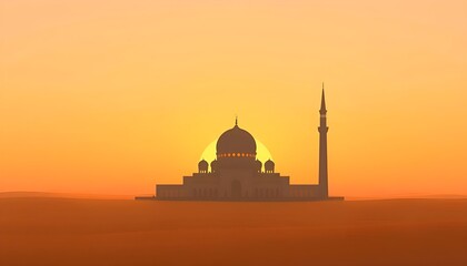 Naklejka premium A clean, minimalist landscape featuring the silhouette of a modern mosque at sunrise in the desert. Soft pastel tones and a serene flat sky create a peaceful spiritual ambiance