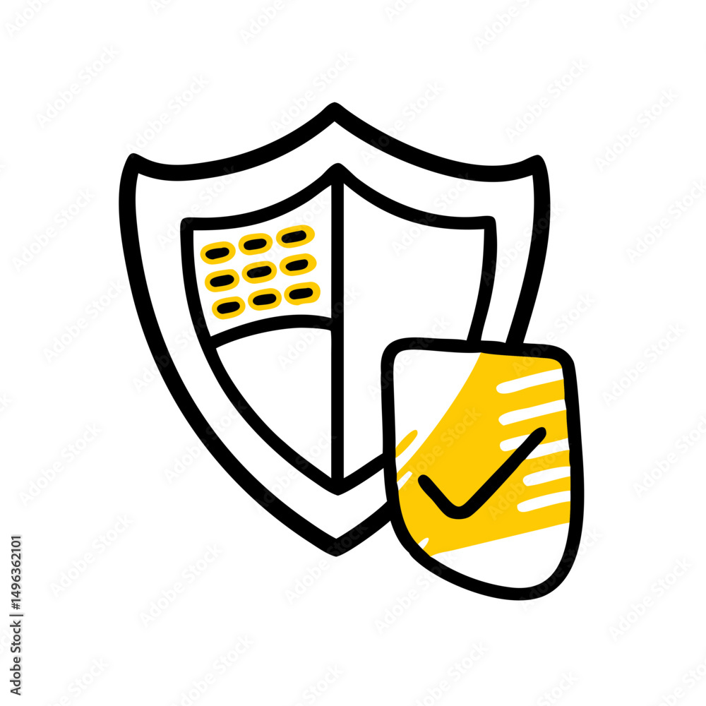 Poster doodle shield with a checkered pattern and a solid shield with a checkmark. ideal for websites/blogs