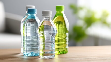 Hydration, Water Bottles, Healthy Lifestyle: Clear Still Water in Plastic Bottles on Table