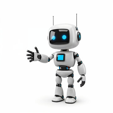 Assistente de IA rob&oacute;tico simp&aacute;tico com olhos azuis e design futurista