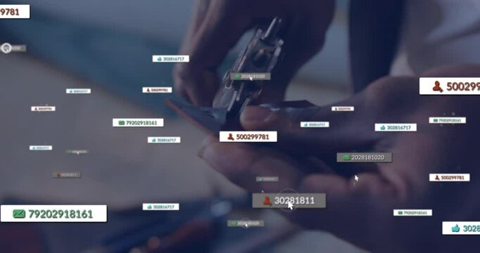 Data labels drifting over hands helping craftsman squeezing riveter jaws securing sheet metal edges