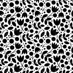 Fototapeta premium Floral decorative seamless pattern with crayon drawn flowers, branches, leaves and berries. Doodle abstract ethnic flowers. Vector botanical wrapping paper. Decorative plants with pencil texture.