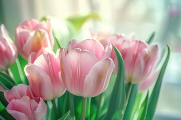 Fototapeta premium Beautiful pink tulips in full bloom against a softly lit background