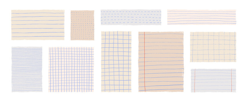 Crayon drawn grid and lines notebook papers and colored notes. Hand drawn funky stickers with various simple textures.