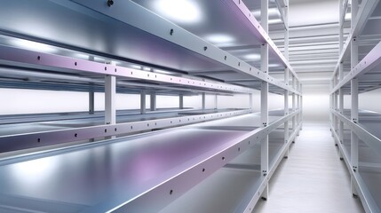 Obraz premium Warehouse Shelves Storage Rack System. Abstract architecture background. Inventory management, logistics and supply chain solutions.