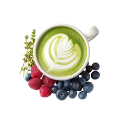 Matcha Latte with Raspberries and Blueberries - Overhead View