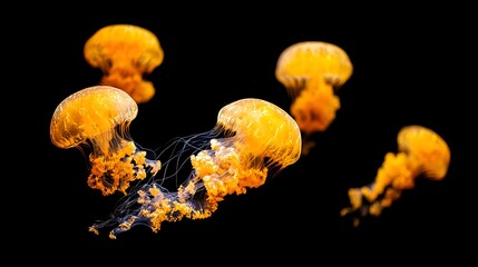 Obraz premium Golden Jellyfish gracefully swimming in the dark ocean. A mesmerizing underwater scene.