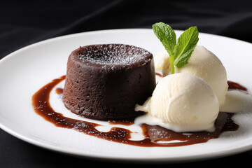 Elegant dessert plate featuring rich chocolate lava cake with a molten center, served with vanilla ice cream scoops, chocolate sauce, and a mint garnish
