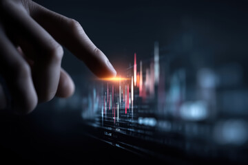 Close-up of a finger interacting with a glowing digital chart, visualizing financial data and stock market analytics on a futuristic interface