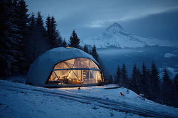 Cozy geodesic dome cabin glowing warmly in a snowy forest landscape, nestled beneath towering pine trees and facing a majestic mountain peak at dusk