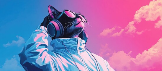Obraz premium Generative AI illustration of fantasy character with cat head in sunglasses and headphones wearing white jacket listening to music
