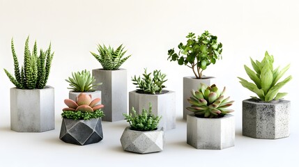 Fototapeta premium Geometric concrete planters displaying various succulents.
