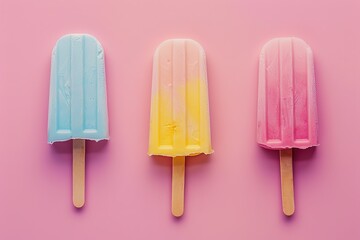 Delicious colorful popsicles on a pastel pink background summer refreshment