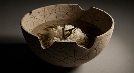 Rice bowl with rosemary in cracked ceramic bowl food photography minimalist aesthetic still life art