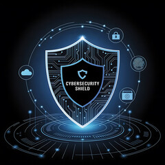 Fototapeta premium A glowing digital shield labeled “Cybersecurity Shield” is surrounded by icons representing cloud, lock, and data, symbolizing the protection of digital systems, data privacy, and secure networks in a