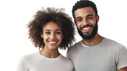 Obraz premium A happy couple smiles at the camera, showcasing warmth and connection, isolated on a white background.