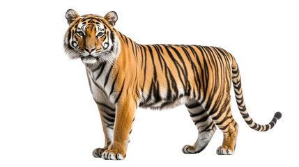 Obraz premium A majestic tiger standing confidently, showcasing its vibrant orange fur and striking black stripes.