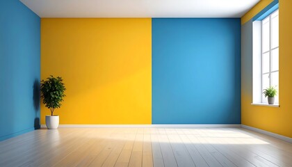 Brightly colored room featuring yellow and blue walls, a wooden floor, and a potted plant by a window, creating a cheerful and modern atmosphere