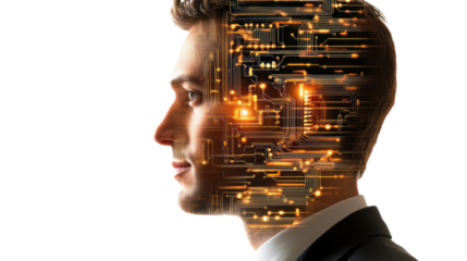 A man in a suit with a digital circuit overlay, symbolizing the fusion of technology and human intellect.
