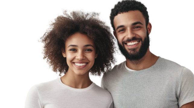 A happy couple smiles at the camera, showcasing warmth and connection, isolated on a white background.