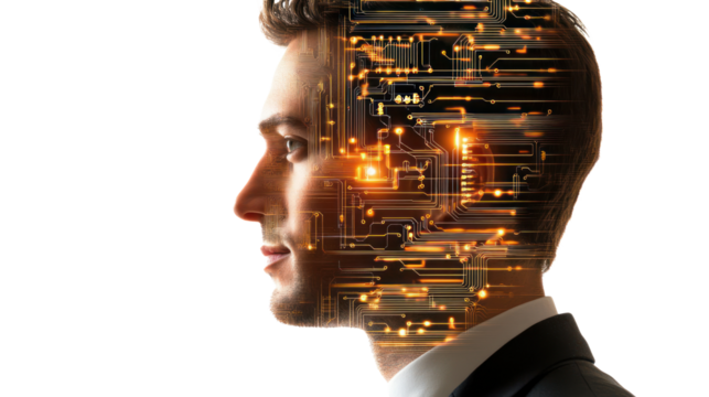 A man in a suit with a digital circuit overlay, symbolizing the fusion of technology and human intellect.