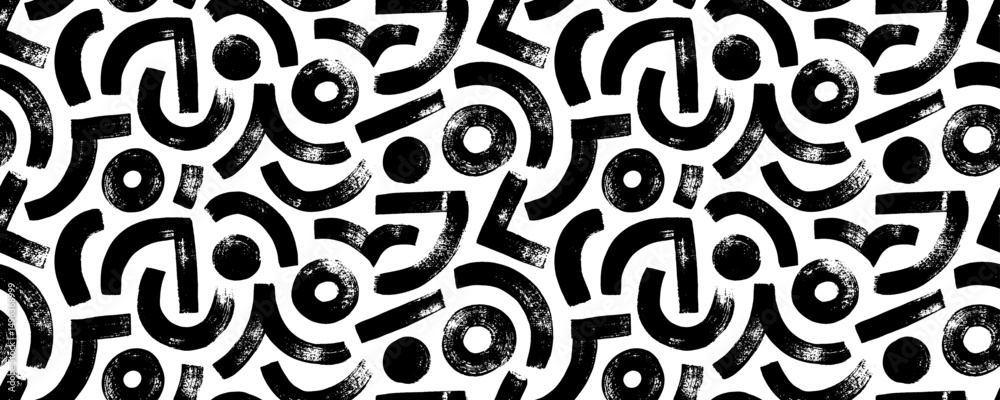 Poster seamless geometric pattern with bold brush drawn curves, circles and arches. hand drawn vector maze 