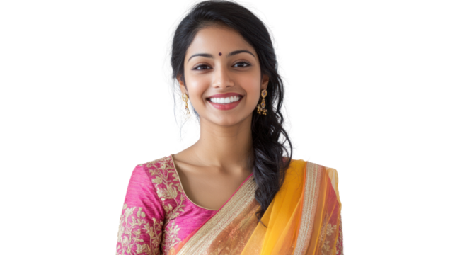 A woman wearing a beautiful saree, smiling brightly against a transparent background.