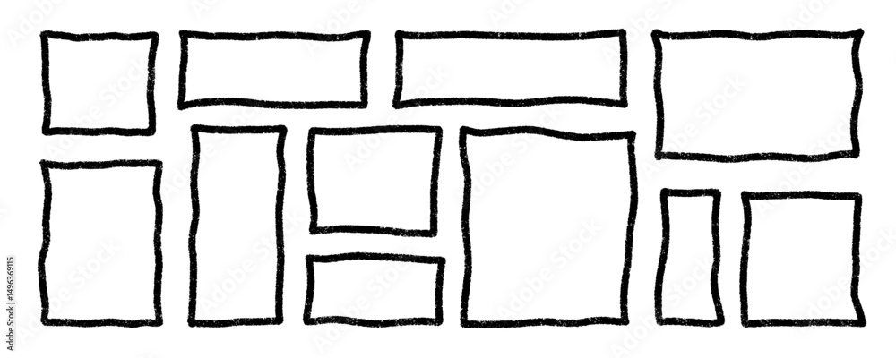 Poster black wavy squares and rectangles frames. bold outline grunge rectangle shapes, empty speech bubbles