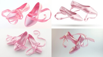 Four pairs of pink satin ballet shoes, ribbons flowing,  on white background
