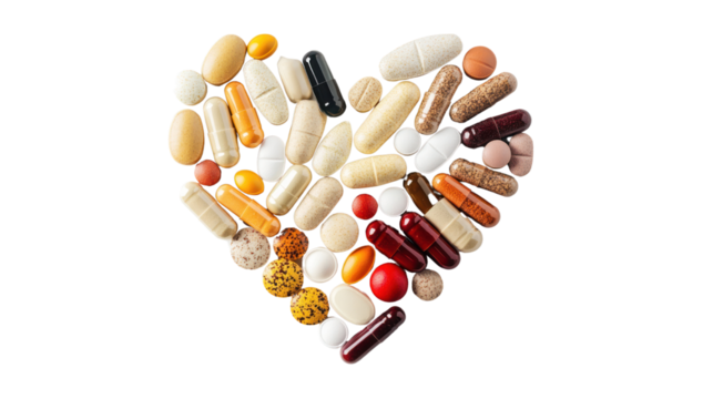 Assorted pills and capsules arranged in a heart shape on a white background.