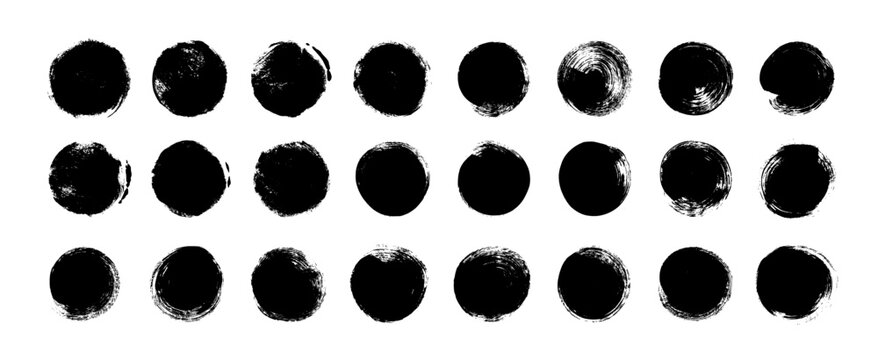 Circle grunge stamps and seals set. Hand drawn rough round shapes, black sun symbols, circle brush strokes and dots. Japanese or Chinese calligraphy round shapes isolated on white background.