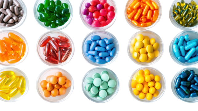 Colorful capsules and tablets arranged neatly in bowls, vibrant hues on white background.