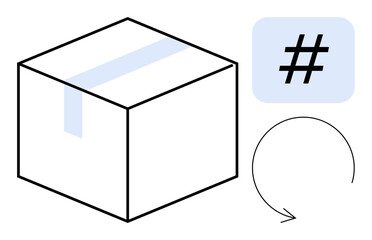 Cardboard box, metadata tag in speech bubble, recycling arrow forming circle. Ideal for e-commerce, delivery, logistics, sustainability, social media, branding shipping simple landing page