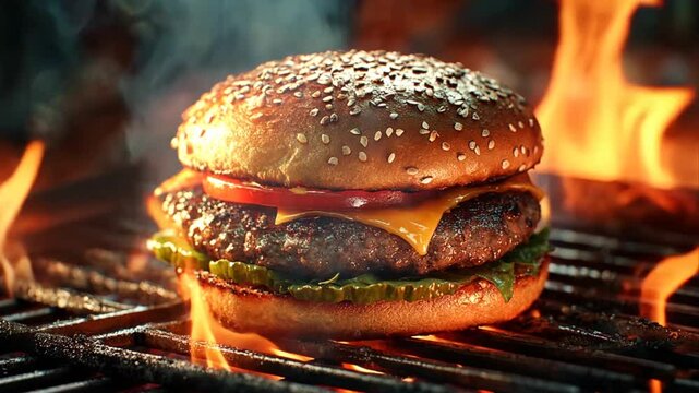 Sizzling perfection close-up a juicy hamburger grilling over open flames ready for a summer barbecue feast