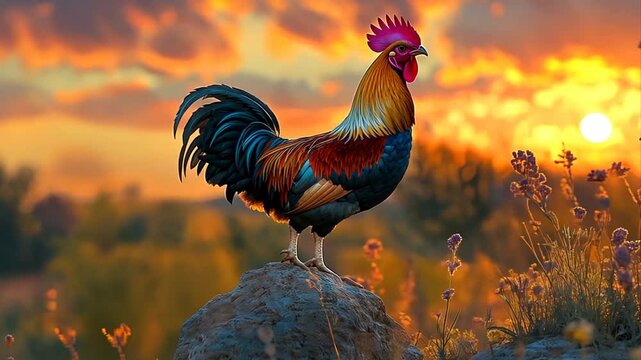A magnificent rooster stands on a stone against the backdrop of the sun rising over the flower field