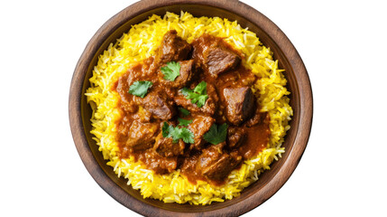 Delicious beef curry served over fluffy yellow rice in a rustic bowl.