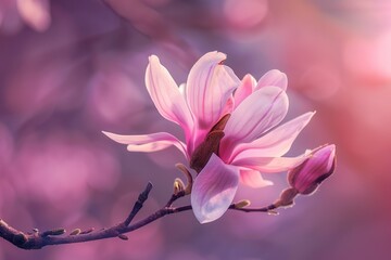 Elegant pink magnolia flower blooming with soft purple and pink bokeh