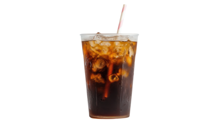 Fresh iced coffee with ice cubes and a straw, perfect for hot days.