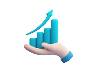 Hand holding growing bar graph chart 3d render isolated on transparent background