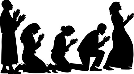 Obraz premium Group of People Praying Silhouette, Diverse Worship and Spiritual Unity Illustration