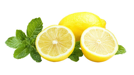 Fototapeta premium Fresh lemon slices with green mint leaves on a white background.