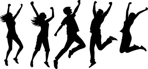 Jumping People Silhouette Vector, Happy Men and Women Celebrating in Joyful Poses