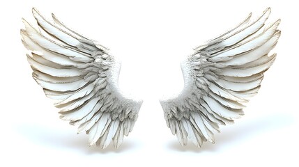 Obraz premium A pair of large, intricately detailed, off-white angel wings, spread wide against a bright white background, casting a subtle shadow