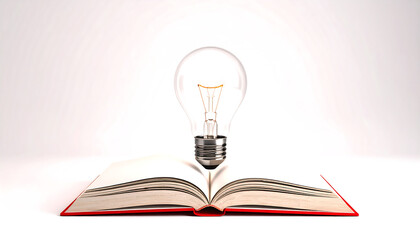 A giant, realistic  light bulb bursting from the pages of an open book