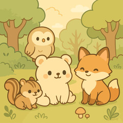 Cute Forest Animal Friends in Nature – Wholesome Cartoon Illustration , Woodland Creatures in Pastel Forest – Cozy Animal Group Graphic, Kawaii Bear, Fox, Owl, and Squirrel in Nature Kids 