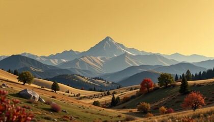 a low poly render of landscape, centered, gold background